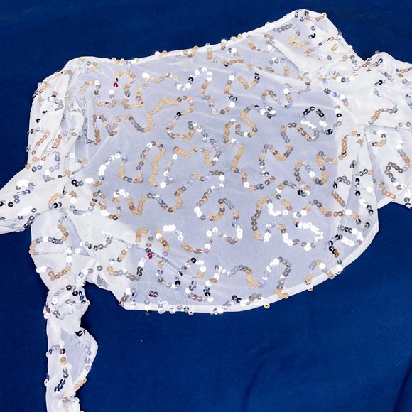 90s Y2k Women's Sequin Luxury Shrug Cejon Tie Front Mesh Crop Top - Picture 11 of 12